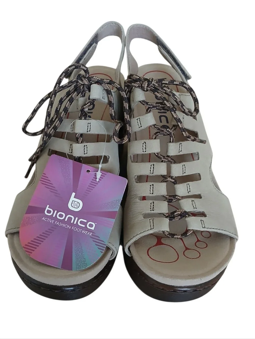 NEW BIONICA Sirus Leather Lace Up Wedge Sandals Women's 7.5 Beige Comfort Chunky